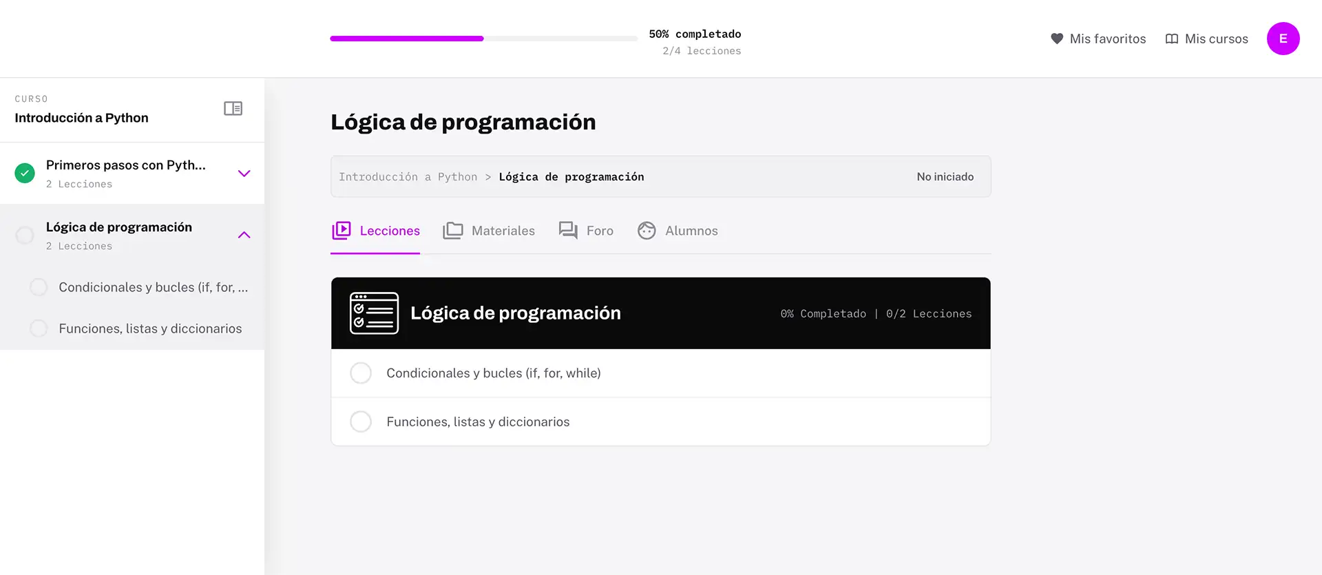 Aula virtual de Classo con lecciones y avance del curso