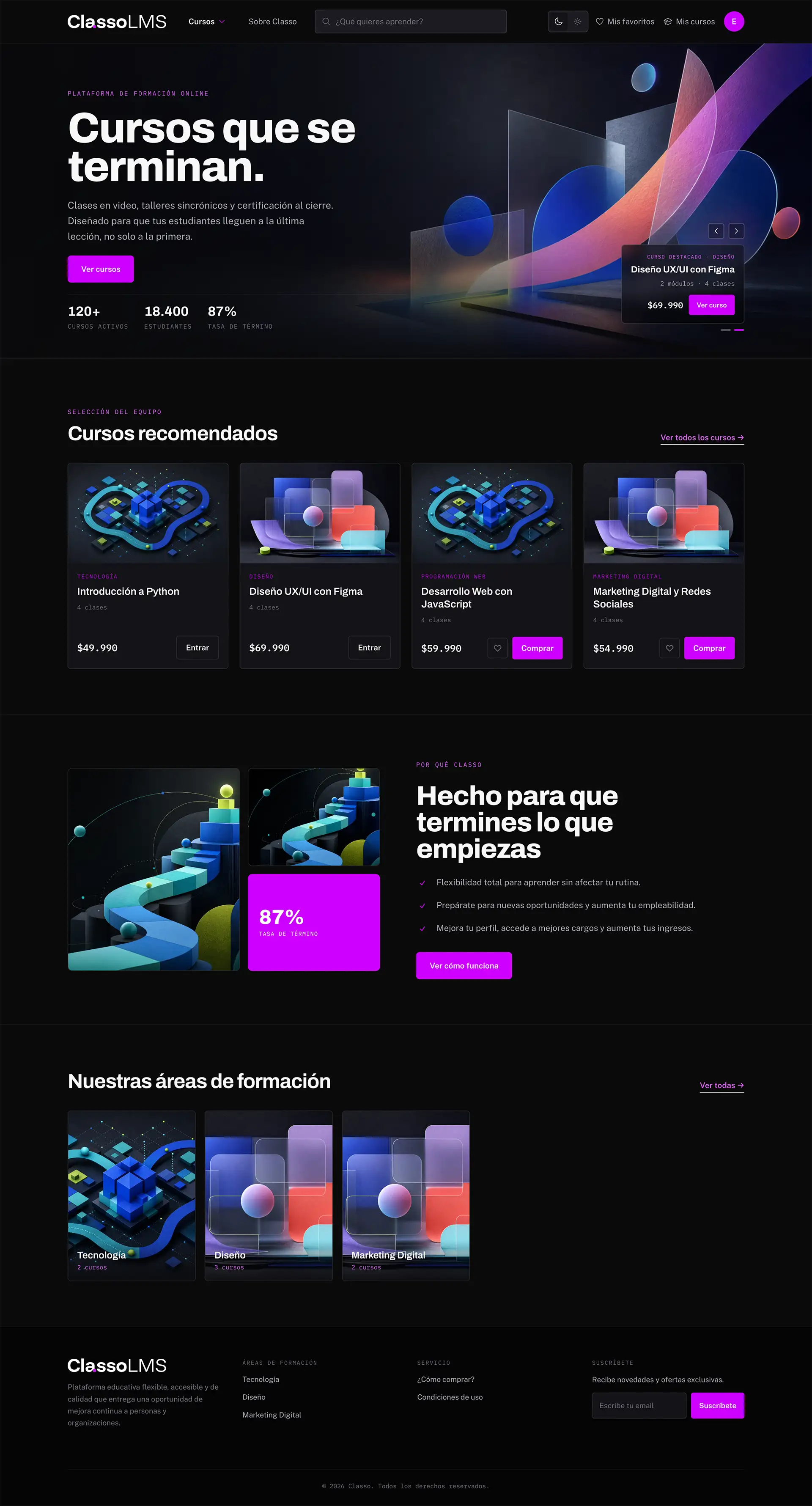 Homepage de Classo en modo oscuro