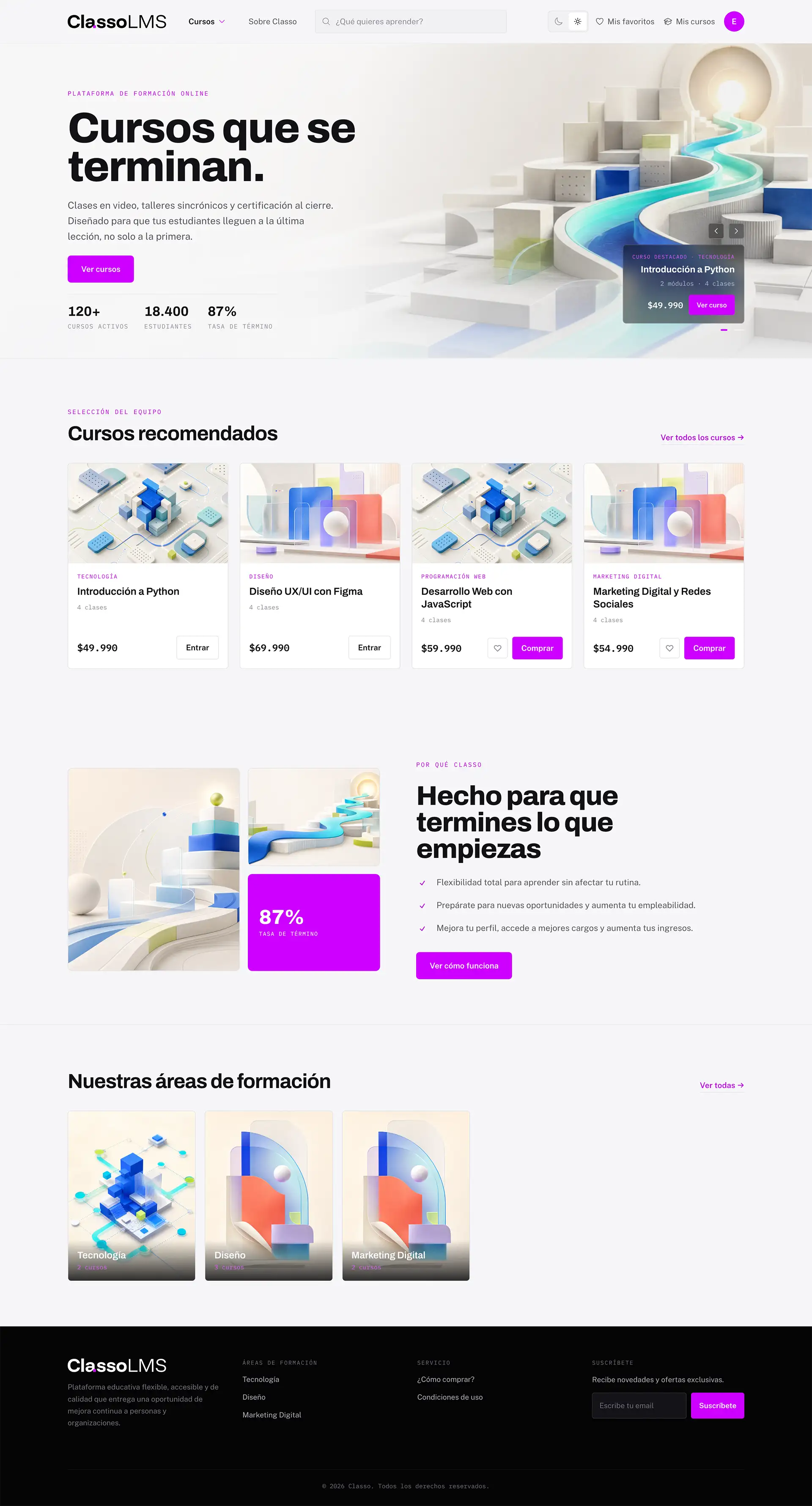 Homepage de Classo en modo claro