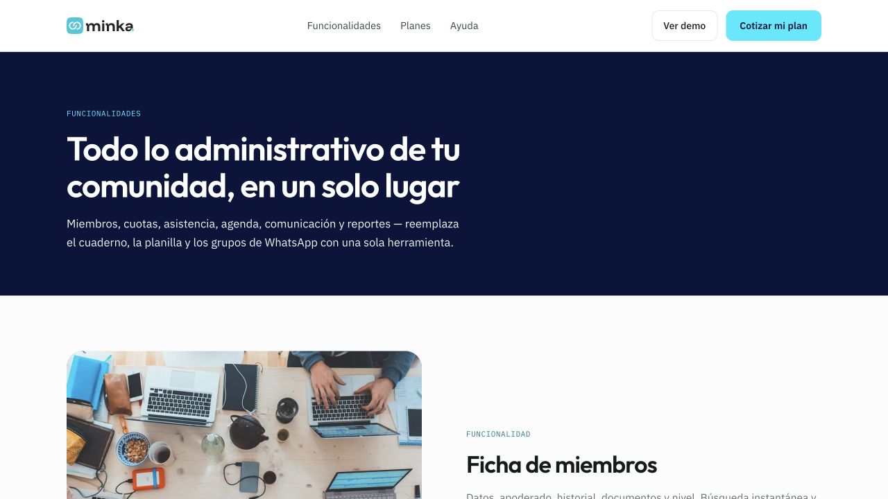 Página actual de funcionalidades de Minka